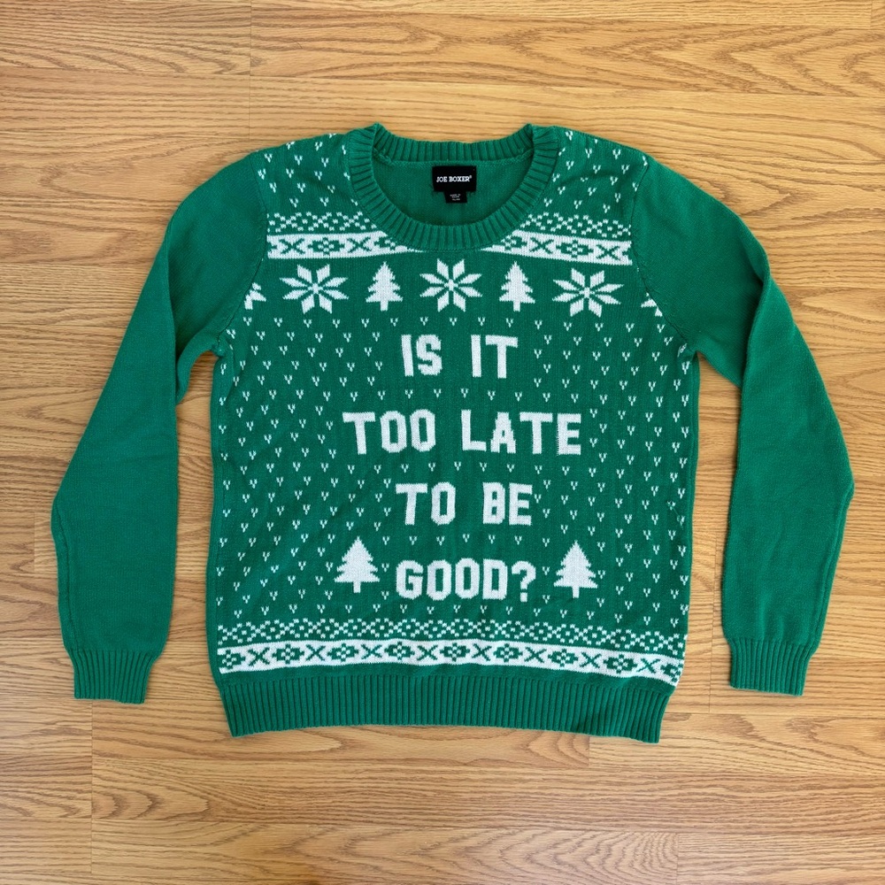 “Is it too late to be good?” Joe Boxer Green Festive Crewneck Sweater